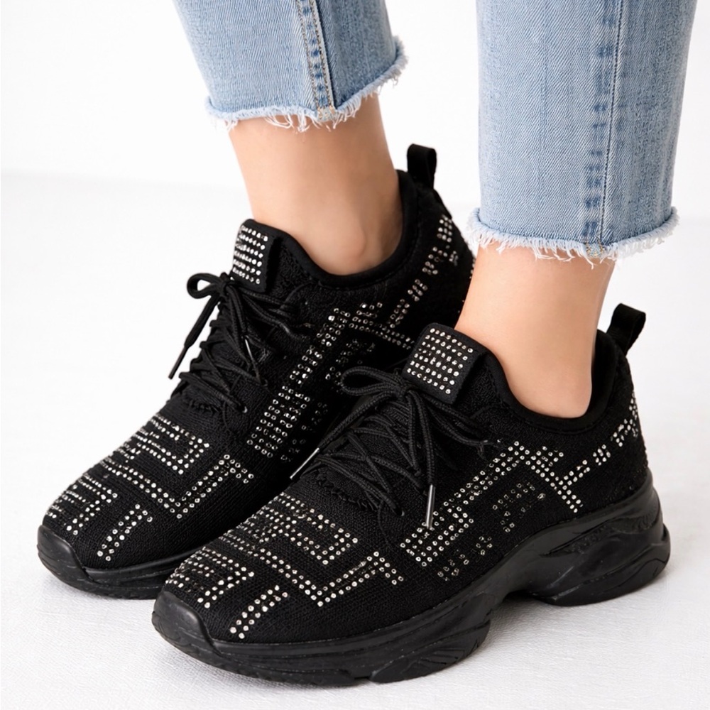 CloudAir Rhinestone Sneakers Black Studded Fashion Shoes Size 6(B120)